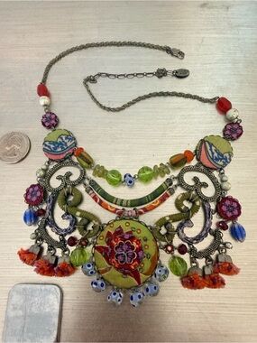 Ayalabar Multicolor Boho Statement Necklace with Green Floral Medallion